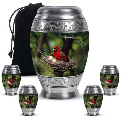 Sage Green Cardinal Cremation Urn detail view - regal cardinal design with crown-inspired accents - memorial set with one large and four small urns