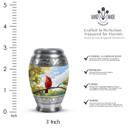Dusty Blue Cardinal Cremation Urn lifestyle display on memorial shelf - regal cardinal design with crown-inspired accents - mini keepsake memorial for portion of cremation ashes