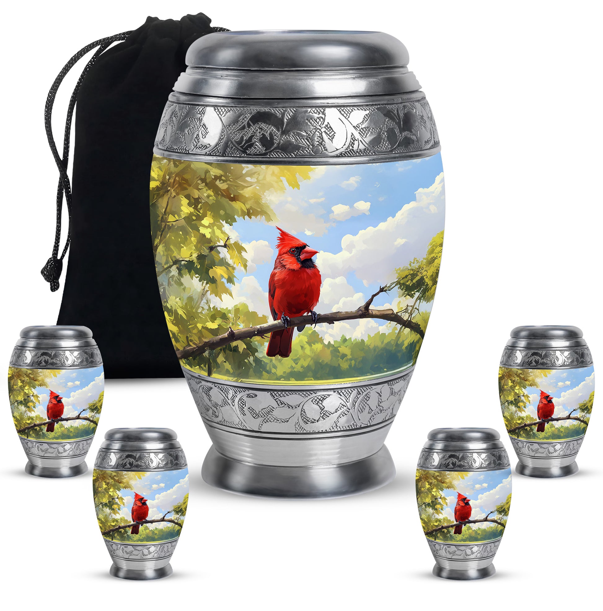 Bright Blue Cardinal Cremation Urn detail view - royal cardinal engraving with decorative scrollwork - memorial set with one large and four small urns