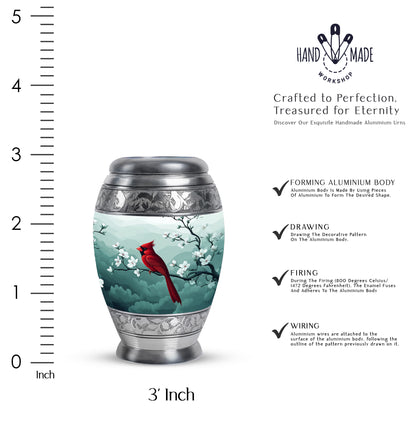 Moonlight Silver Cardinal Cremation Urn lifestyle display on memorial shelf - majestic cardinal pattern with filigree border - mini keepsake memorial for portion of cremation ashes