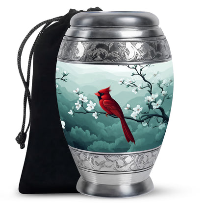 Polished Silver Cardinal Cremation Urn back view with polished surface - majestic cardinal pattern with filigree border - full-size 10 inch 200 cubic inch adult cremation urn