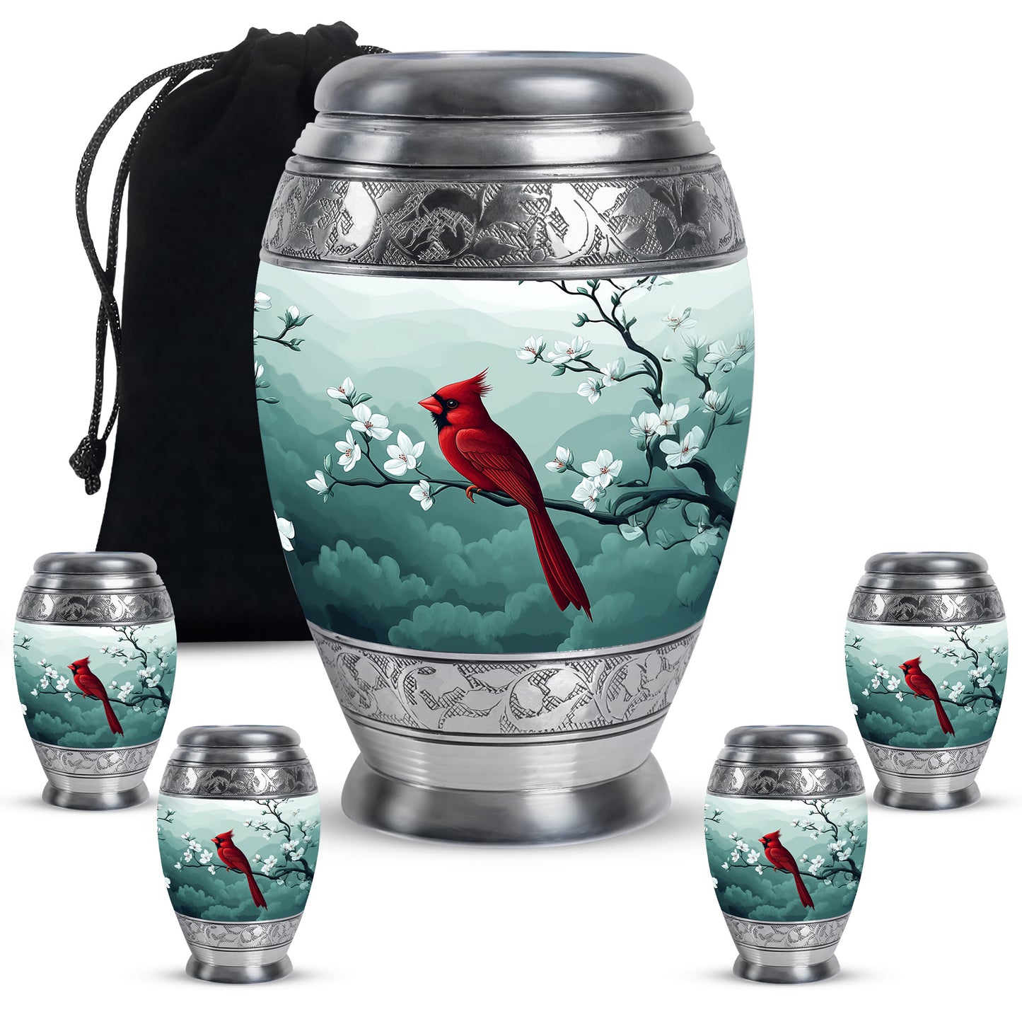 Satin Silver Cardinal Cremation Urn detail view - regal cardinal design with crown-inspired accents - memorial set with one large and four small urns