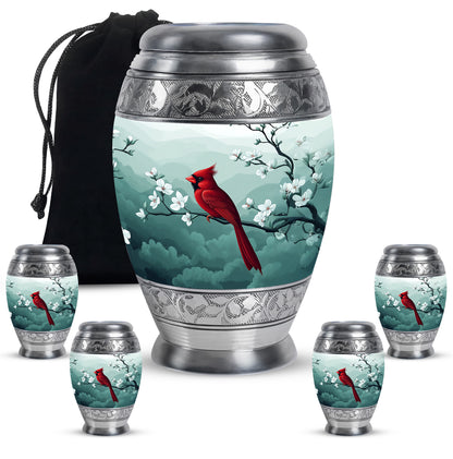 Satin Silver Cardinal Cremation Urn detail view - regal cardinal design with crown-inspired accents - memorial set with one large and four small urns