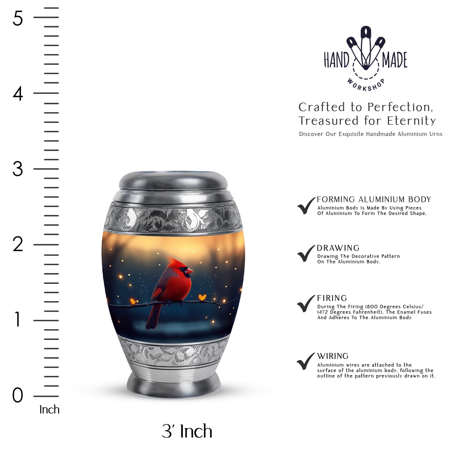 Antique Gold Cardinal Cremation Urn lifestyle display on memorial shelf - ornate monarch-style cardinal relief on brushed aluminum - mini keepsake memorial for portion of cremation ashes