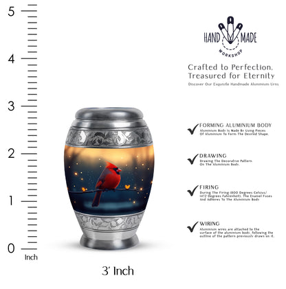 Antique Gold Cardinal Cremation Urn lifestyle display on memorial shelf - ornate monarch-style cardinal relief on brushed aluminum - mini keepsake memorial for portion of cremation ashes