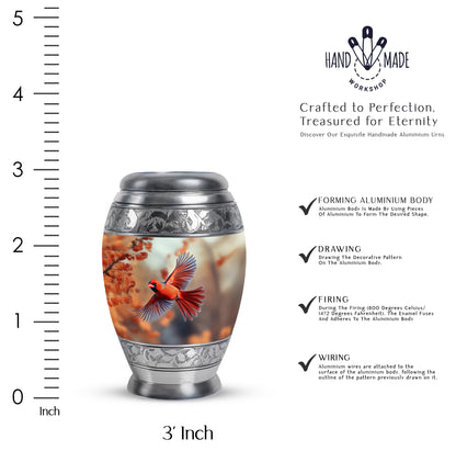 Warm Gold Cardinal Cremation Urn lifestyle display on memorial shelf - royal cardinal engraving with decorative scrollwork - mini keepsake memorial for portion of cremation ashes