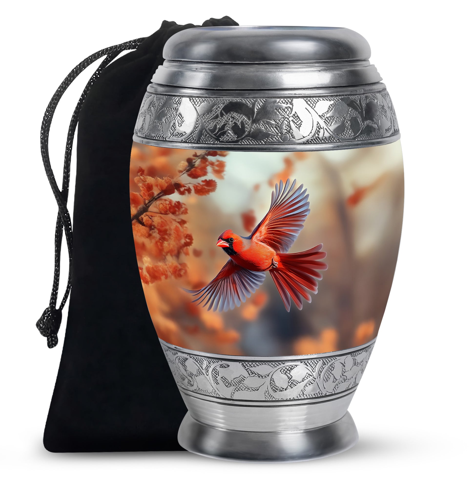 Warm Gold Cardinal Cremation Urn back view with polished surface - royal cardinal engraving with decorative scrollwork - full-size 10 inch 200 cubic inch adult cremation urn