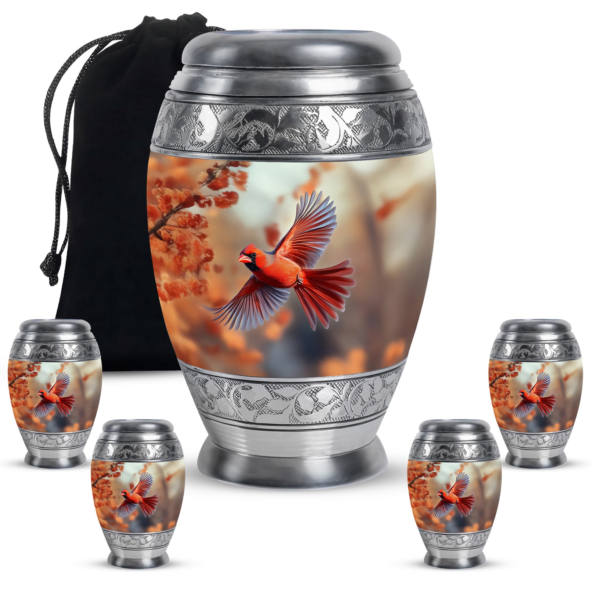 Harvest Gold Cardinal Cremation Urn detail view - majestic cardinal pattern with filigree border - memorial set with one large and four small urns