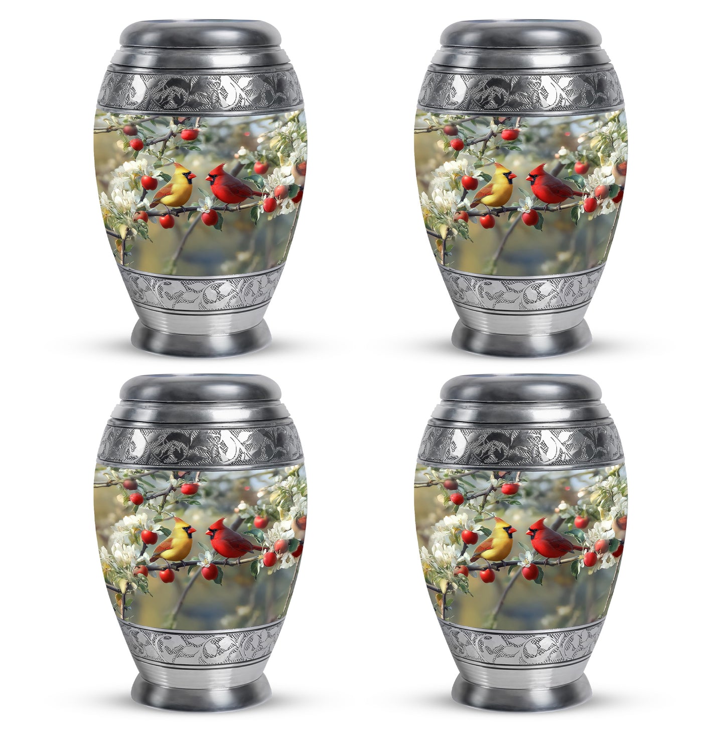 Platinum Silver Cardinal Cremation Urn urn with complimentary velvet bag - ornate monarch-style cardinal relief on brushed aluminum - 10 inch aluminum urn for cremated remains