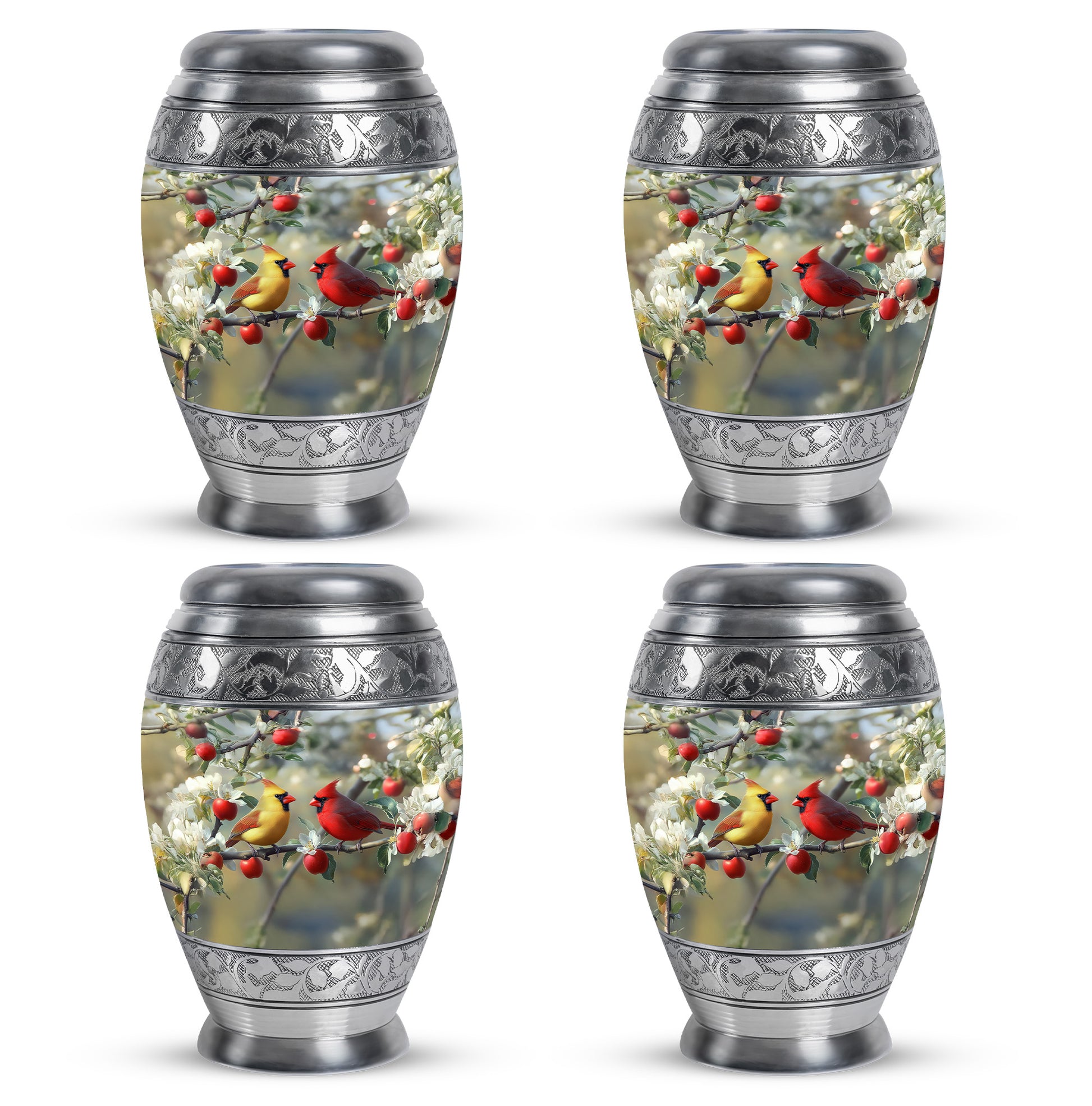 Platinum Silver Cardinal Cremation Urn urn with complimentary velvet bag - ornate monarch-style cardinal relief on brushed aluminum - 10 inch aluminum urn for cremated remains