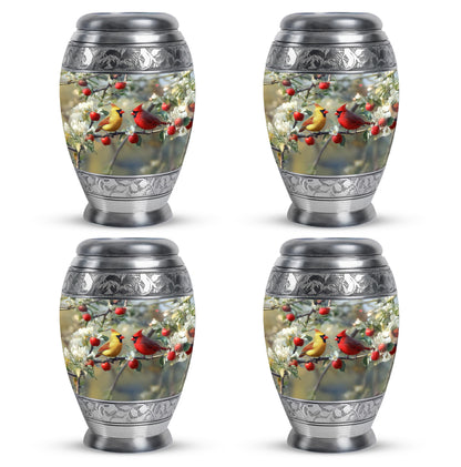 Platinum Silver Cardinal Cremation Urn urn with complimentary velvet bag - ornate monarch-style cardinal relief on brushed aluminum - 10 inch aluminum urn for cremated remains