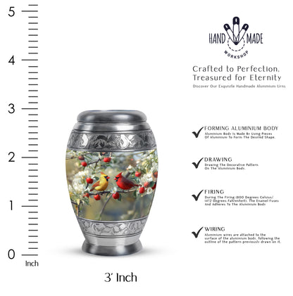 Gleaming Silver Cardinal Cremation Urn lifestyle display on memorial shelf - ornate monarch-style cardinal relief on brushed aluminum - mini keepsake memorial for portion of cremation ashes