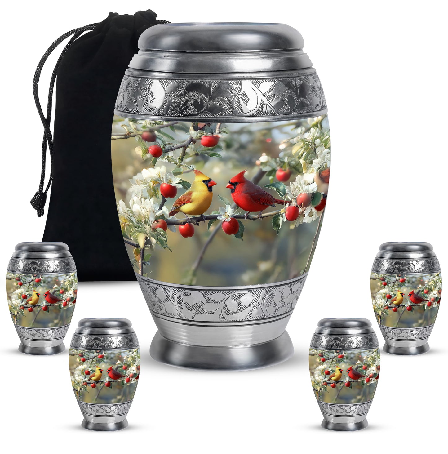 Polished Silver Cardinal Cremation Urn detail view - royal cardinal engraving with decorative scrollwork - memorial set with one large and four small urns