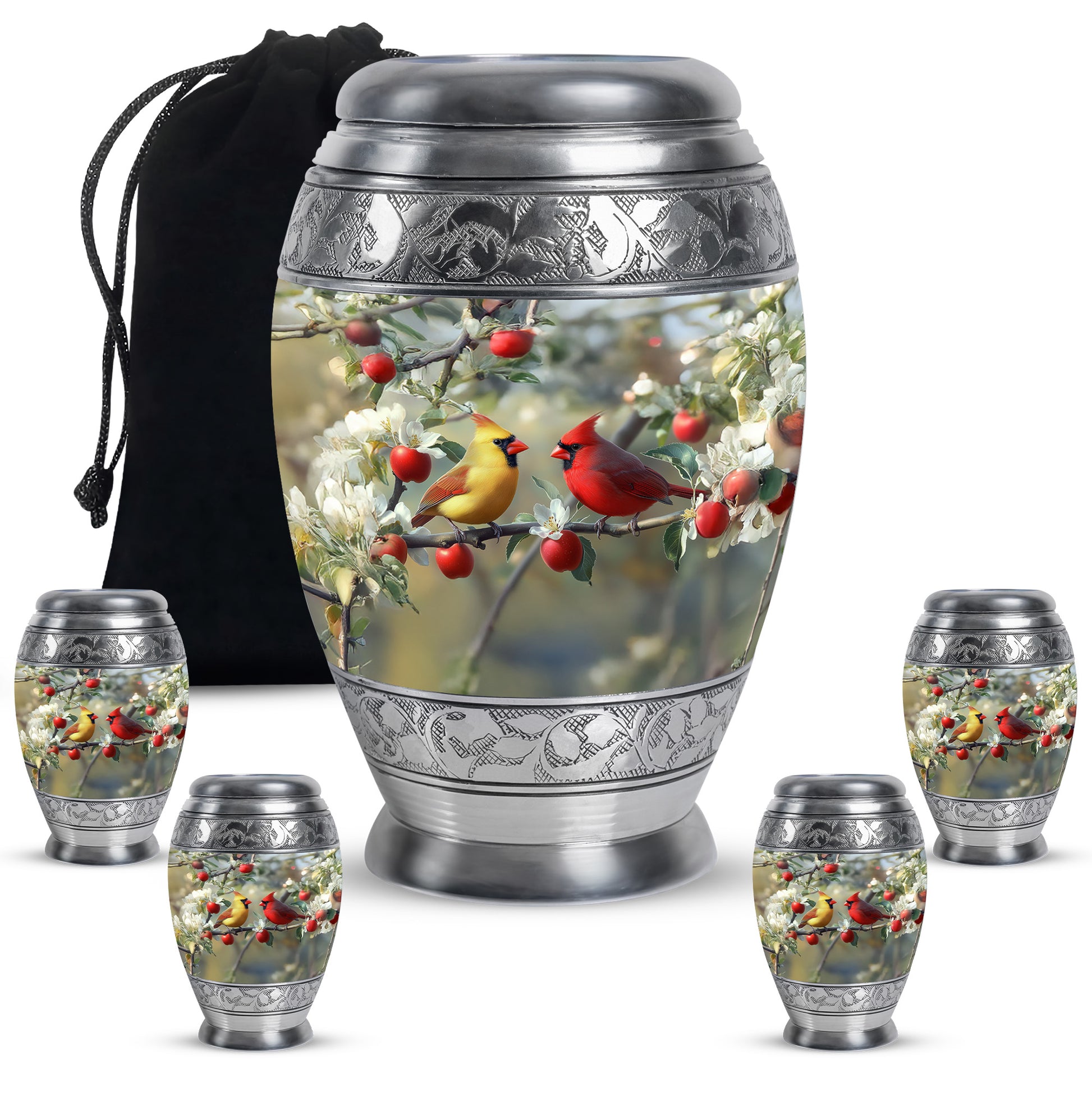 Polished Silver Cardinal Cremation Urn detail view - royal cardinal engraving with decorative scrollwork - memorial set with one large and four small urns