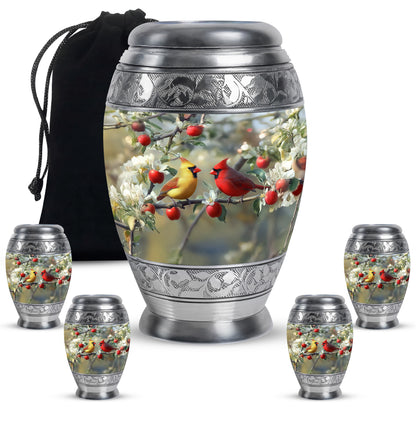 Polished Silver Cardinal Cremation Urn detail view - royal cardinal engraving with decorative scrollwork - memorial set with one large and four small urns