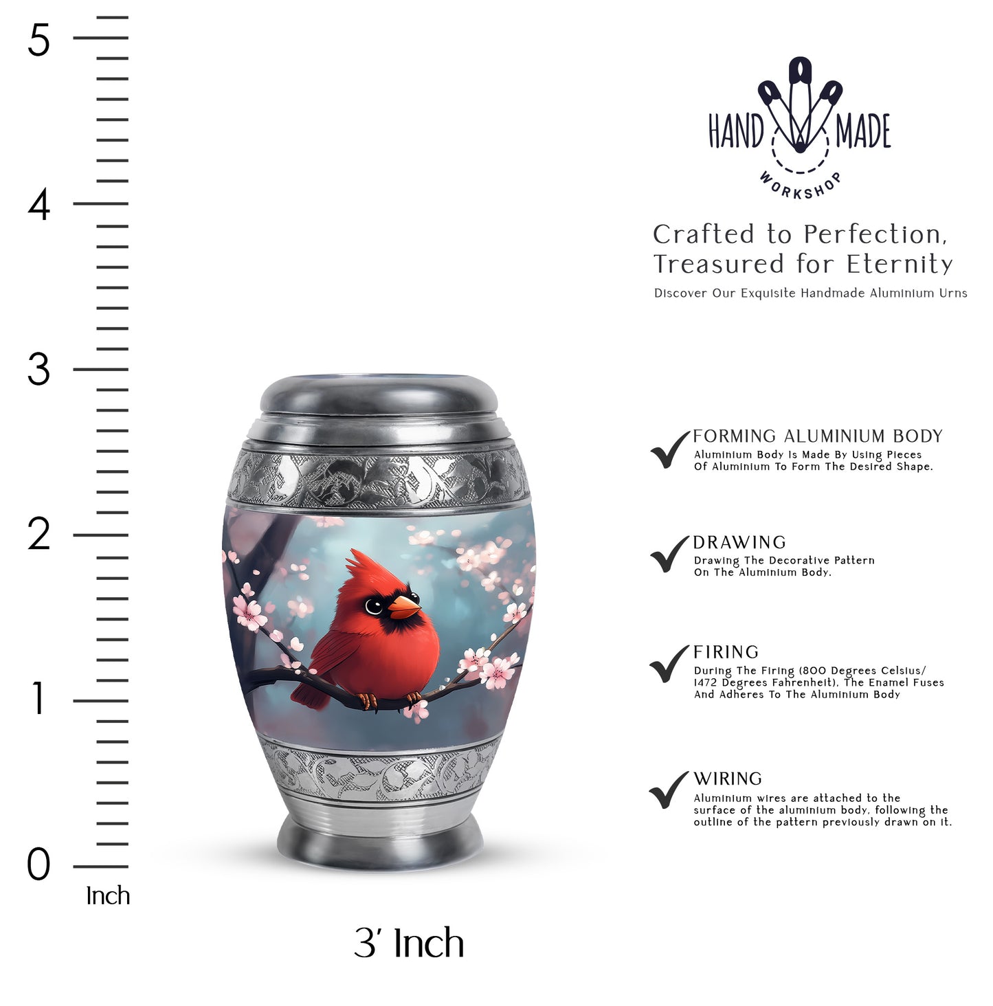 Mystic Teal Cardinal Cremation Urn lifestyle display on memorial shelf - royal cardinal engraving with decorative scrollwork - mini keepsake memorial for portion of cremation ashes