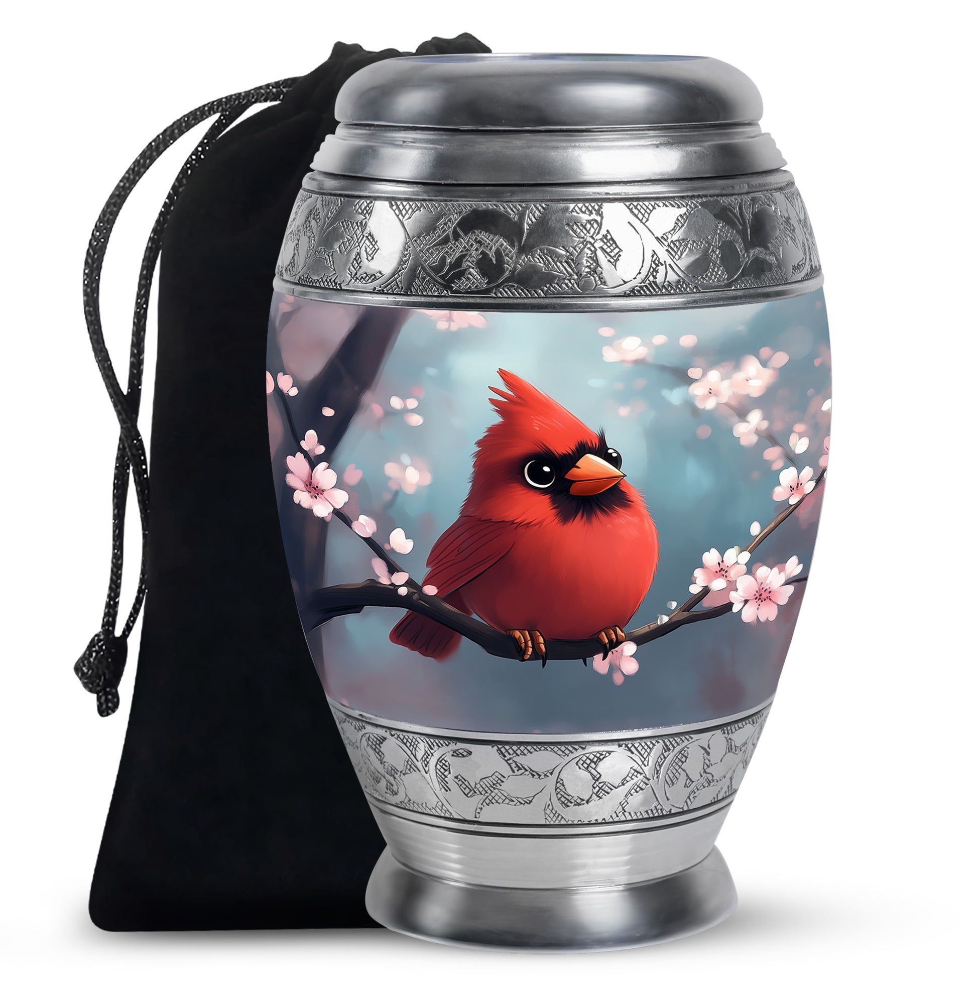 Mystic Teal Cardinal Cremation Urn back view with polished surface - majestic cardinal pattern with filigree border - full-size 10 inch 200 cubic inch adult cremation urn