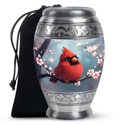Mystic Teal Cardinal Cremation Urn back view with polished surface - majestic cardinal pattern with filigree border - full-size 10 inch 200 cubic inch adult cremation urn