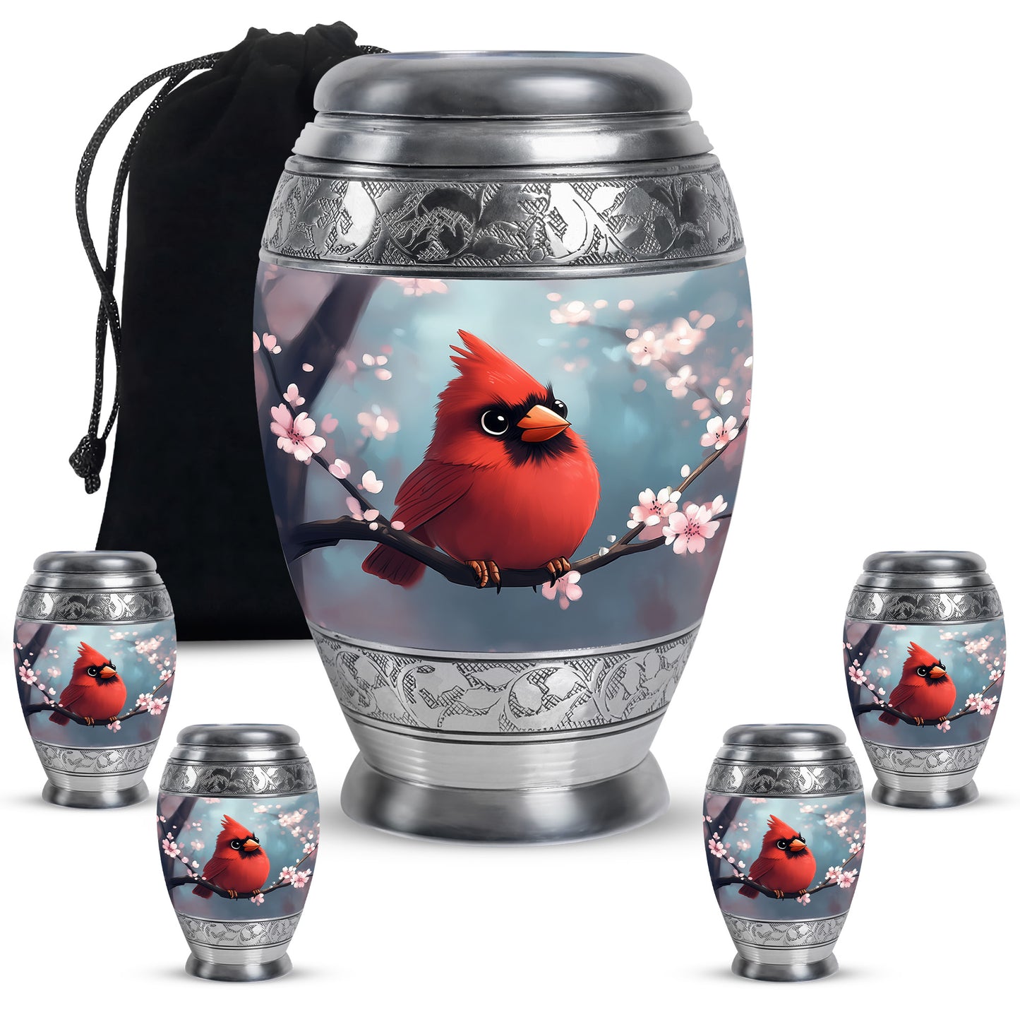 Sea Green Teal Cardinal Cremation Urn detail view - regal cardinal design with crown-inspired accents - memorial set with one large and four small urns
