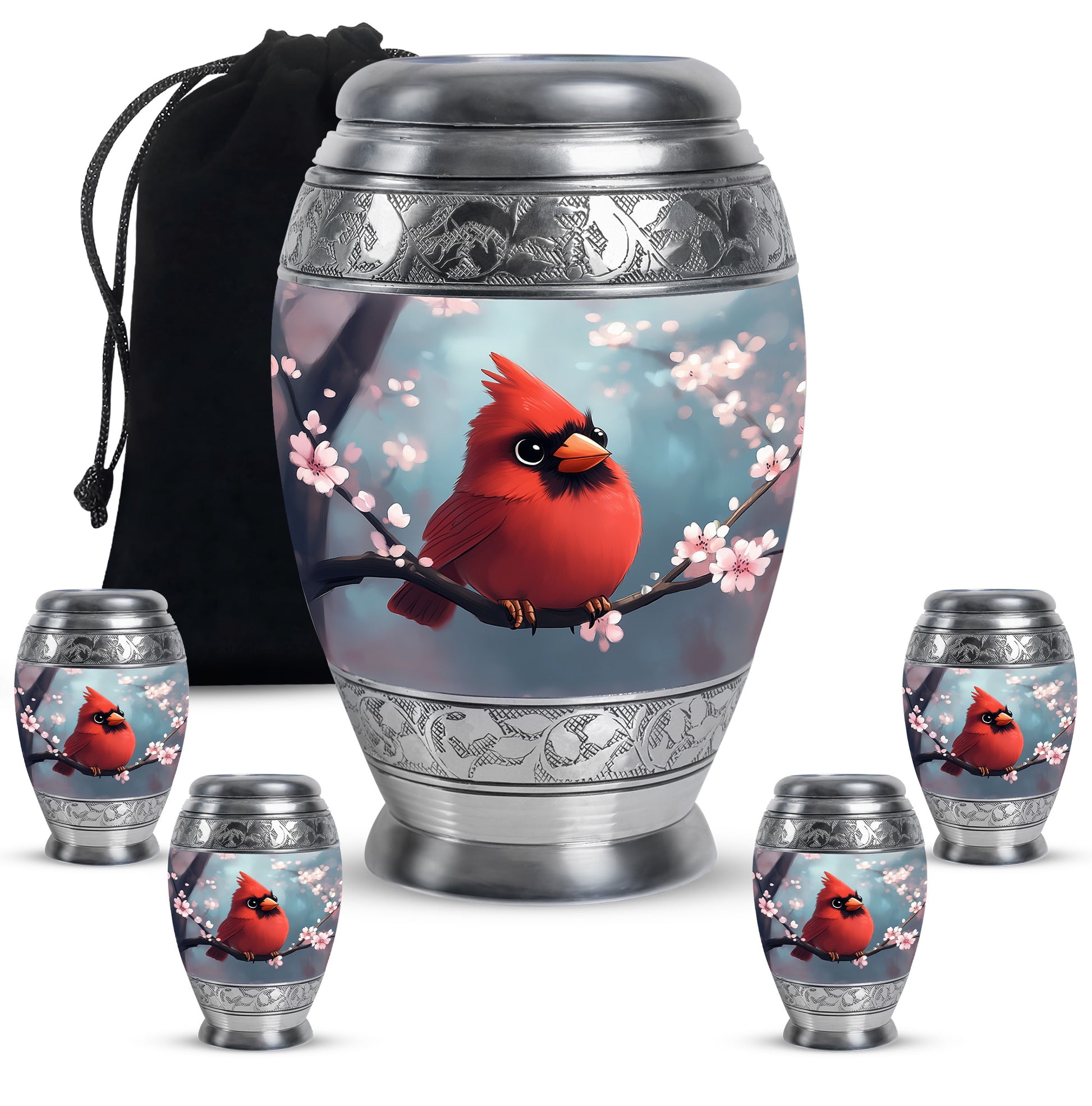 Sea Green Teal Cardinal Cremation Urn detail view - regal cardinal design with crown-inspired accents - memorial set with one large and four small urns