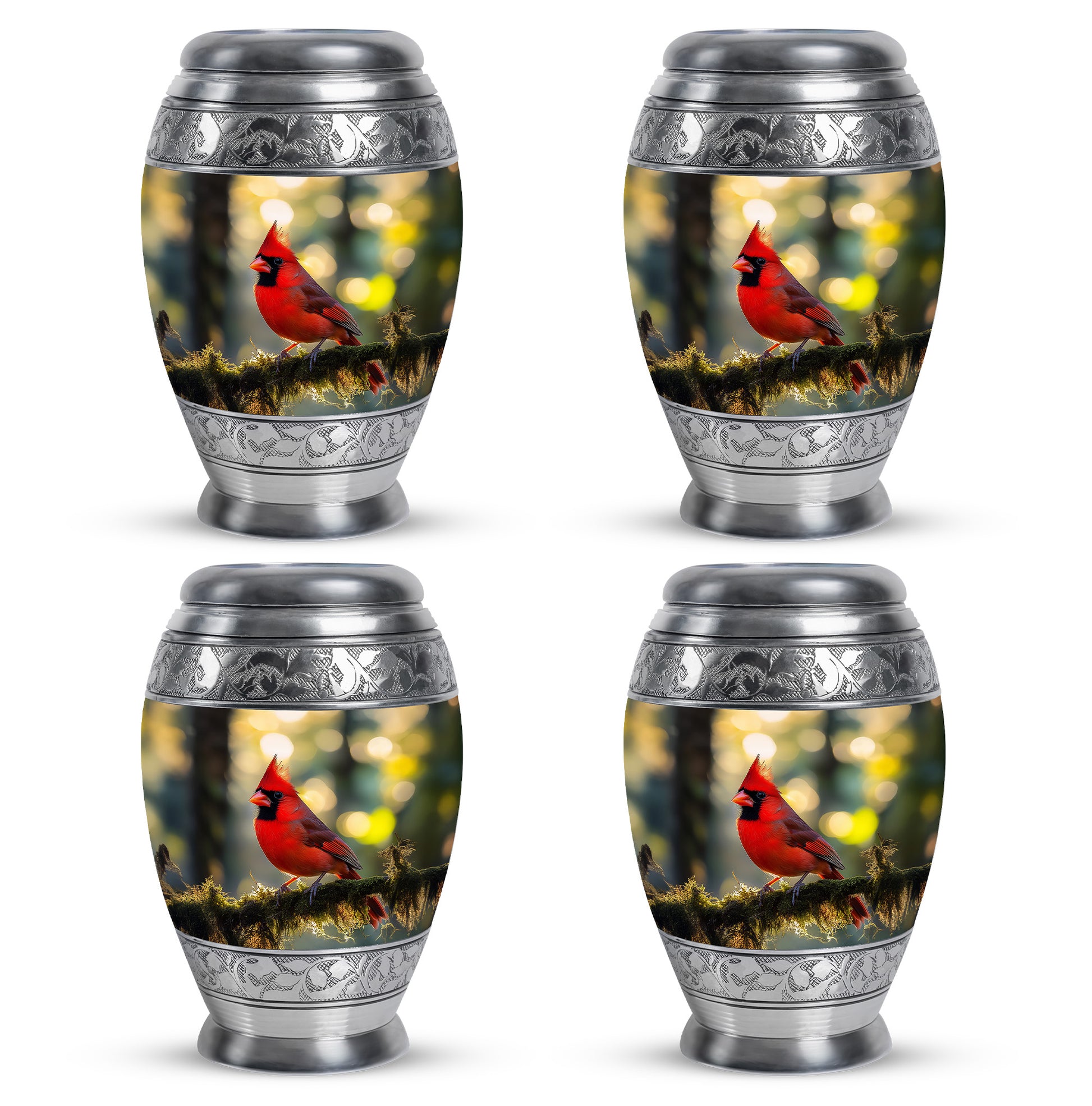 Harvest Gold Cardinal Cremation Urn urn with complimentary velvet bag - majestic cardinal pattern with filigree border - 10 inch aluminum urn for cremated remains