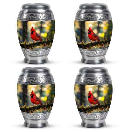 Harvest Gold Cardinal Cremation Urn urn with complimentary velvet bag - majestic cardinal pattern with filigree border - 10 inch aluminum urn for cremated remains