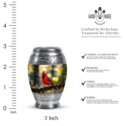 Harvest Gold Cardinal Cremation Urn lifestyle display on memorial shelf - majestic cardinal pattern with filigree border - mini keepsake memorial for portion of cremation ashes