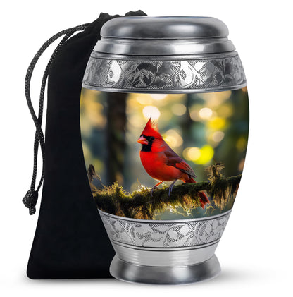 Antique Gold Cardinal Cremation Urn back view with polished surface - ornate monarch-style cardinal relief on brushed aluminum - full-size 10 inch 200 cubic inch adult cremation urn