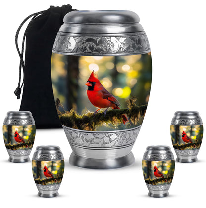 Royal Gold Cardinal Cremation Urn detail view - royal cardinal engraving with decorative scrollwork - memorial set with one large and four small urns