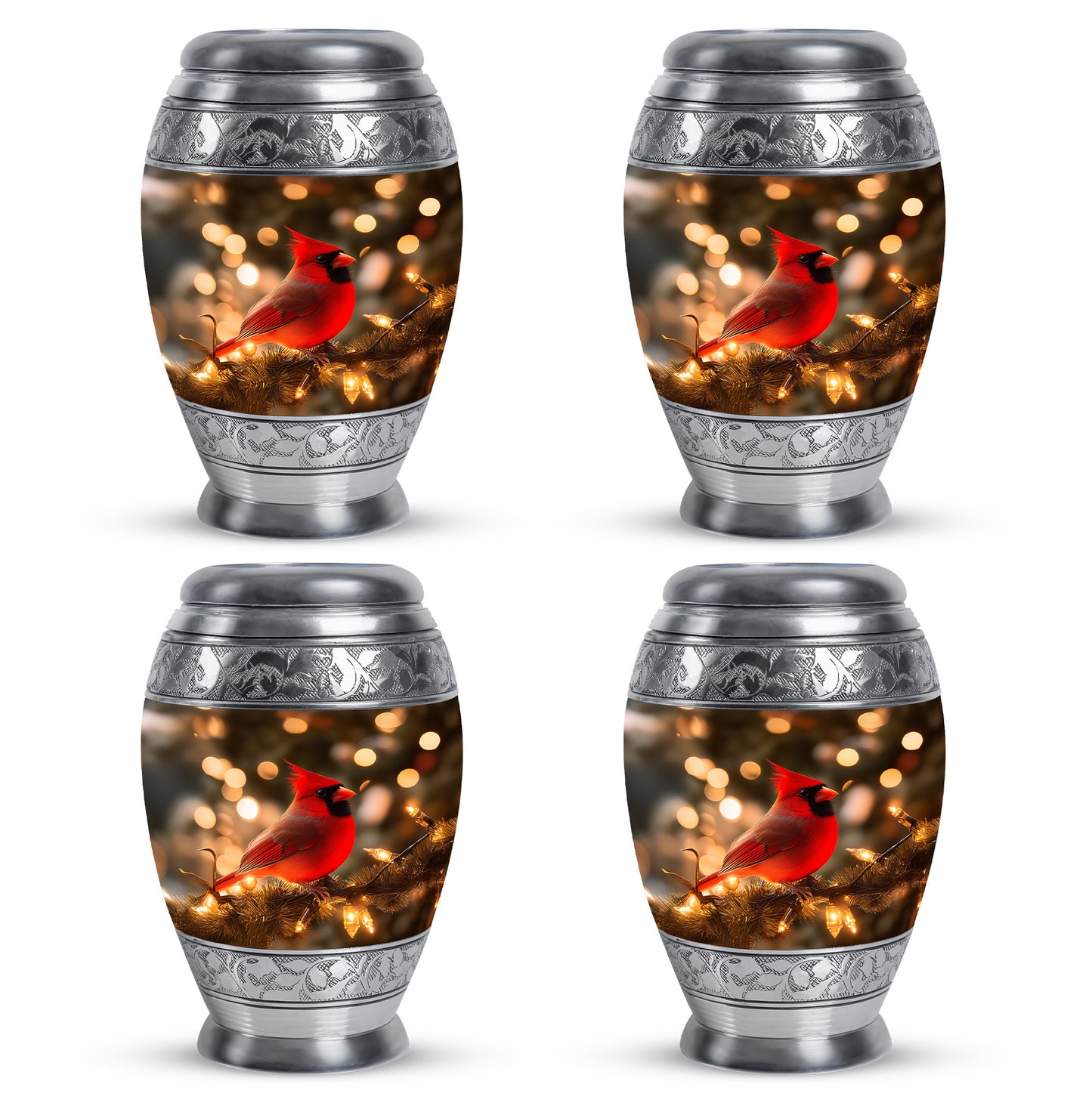 Burnished Gold Cardinal Cremation Urn urn with complimentary velvet bag - majestic cardinal pattern with filigree border - 10 inch aluminum urn for cremated remains