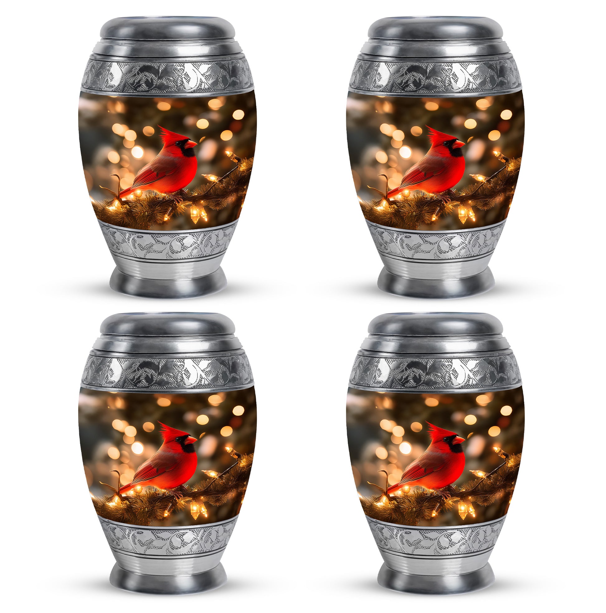 Burnished Gold Cardinal Cremation Urn urn with complimentary velvet bag - majestic cardinal pattern with filigree border - 10 inch aluminum urn for cremated remains