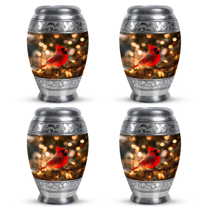 Burnished Gold Cardinal Cremation Urn urn with complimentary velvet bag - majestic cardinal pattern with filigree border - 10 inch aluminum urn for cremated remains