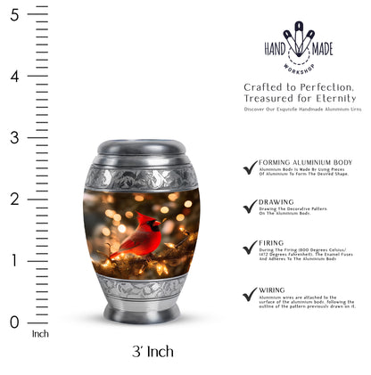 Royal Gold Cardinal Cremation Urn lifestyle display on memorial shelf - royal cardinal engraving with decorative scrollwork - mini keepsake memorial for portion of cremation ashes