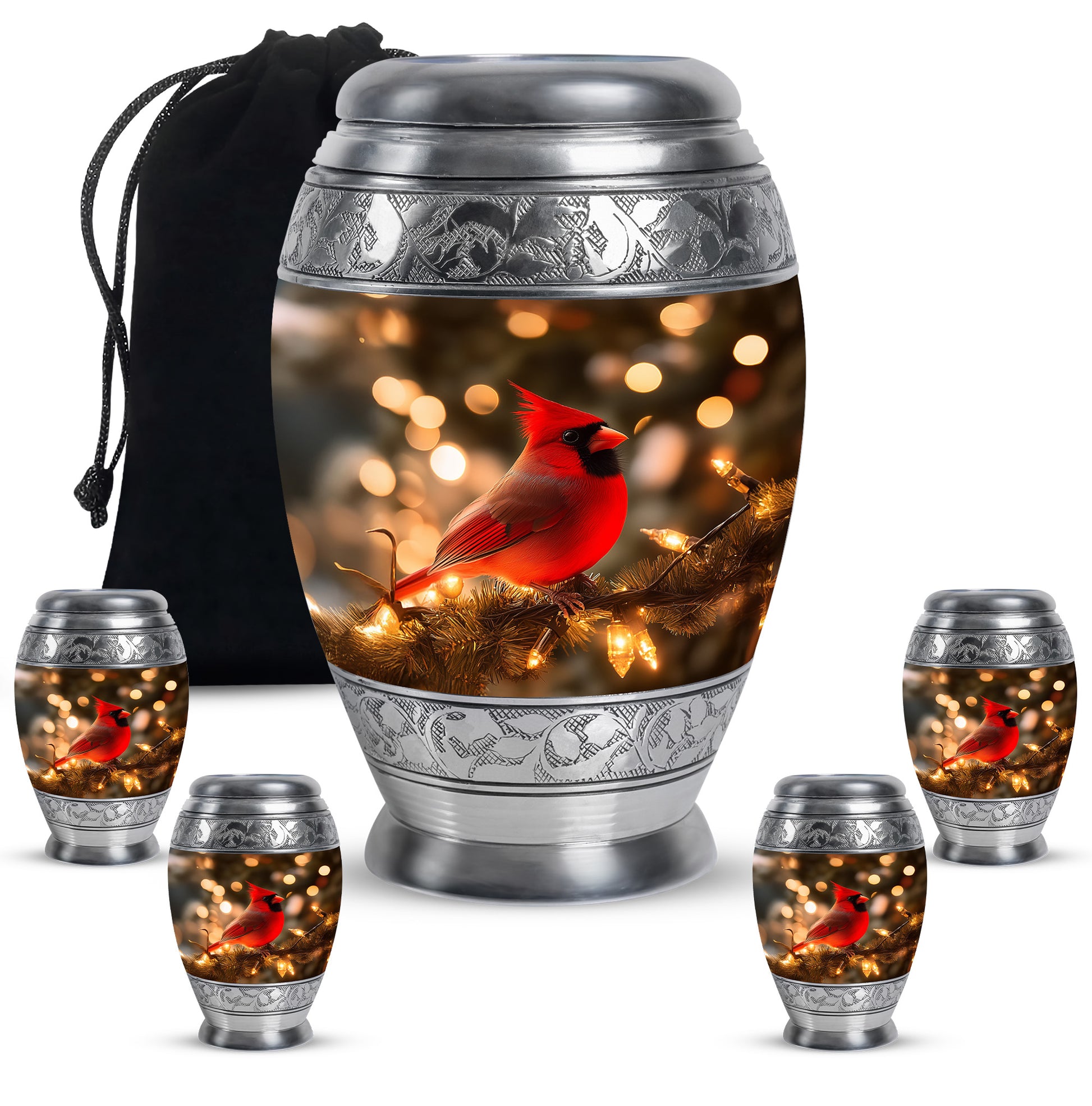 Sunrise Gold Cardinal Cremation Urn detail view - regal cardinal design with crown-inspired accents - memorial set with one large and four small urns