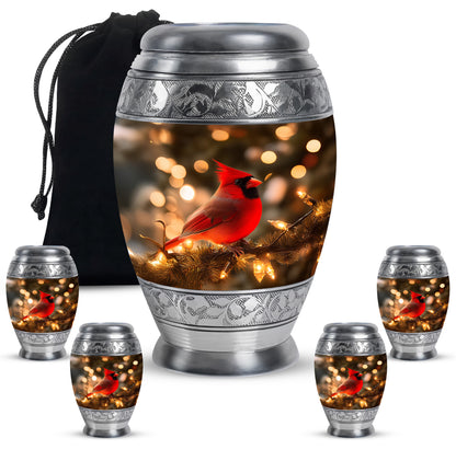 Sunrise Gold Cardinal Cremation Urn detail view - regal cardinal design with crown-inspired accents - memorial set with one large and four small urns