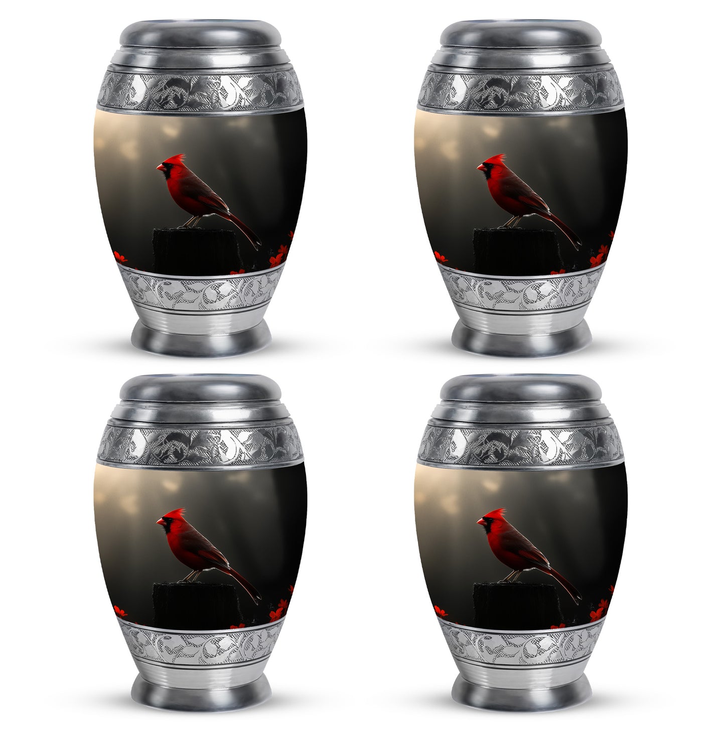 Dark Black Cardinal Cremation Urn urn with complimentary velvet bag - royal cardinal engraving with decorative scrollwork - 10 inch aluminum urn for cremated remains