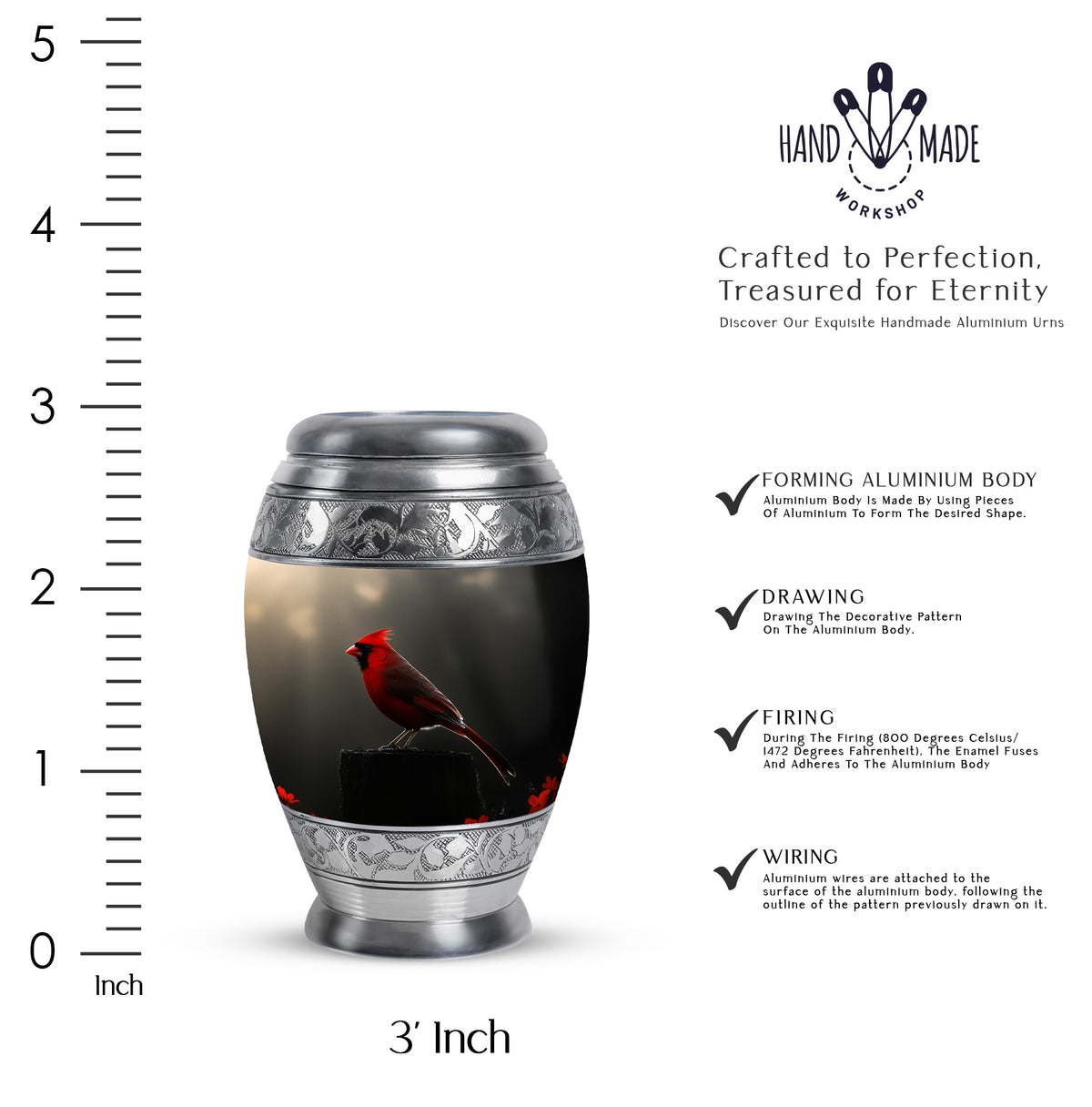 Charcoal Black Cardinal Cremation Urn lifestyle display on memorial shelf - royal cardinal engraving with decorative scrollwork - mini keepsake memorial for portion of cremation ashes