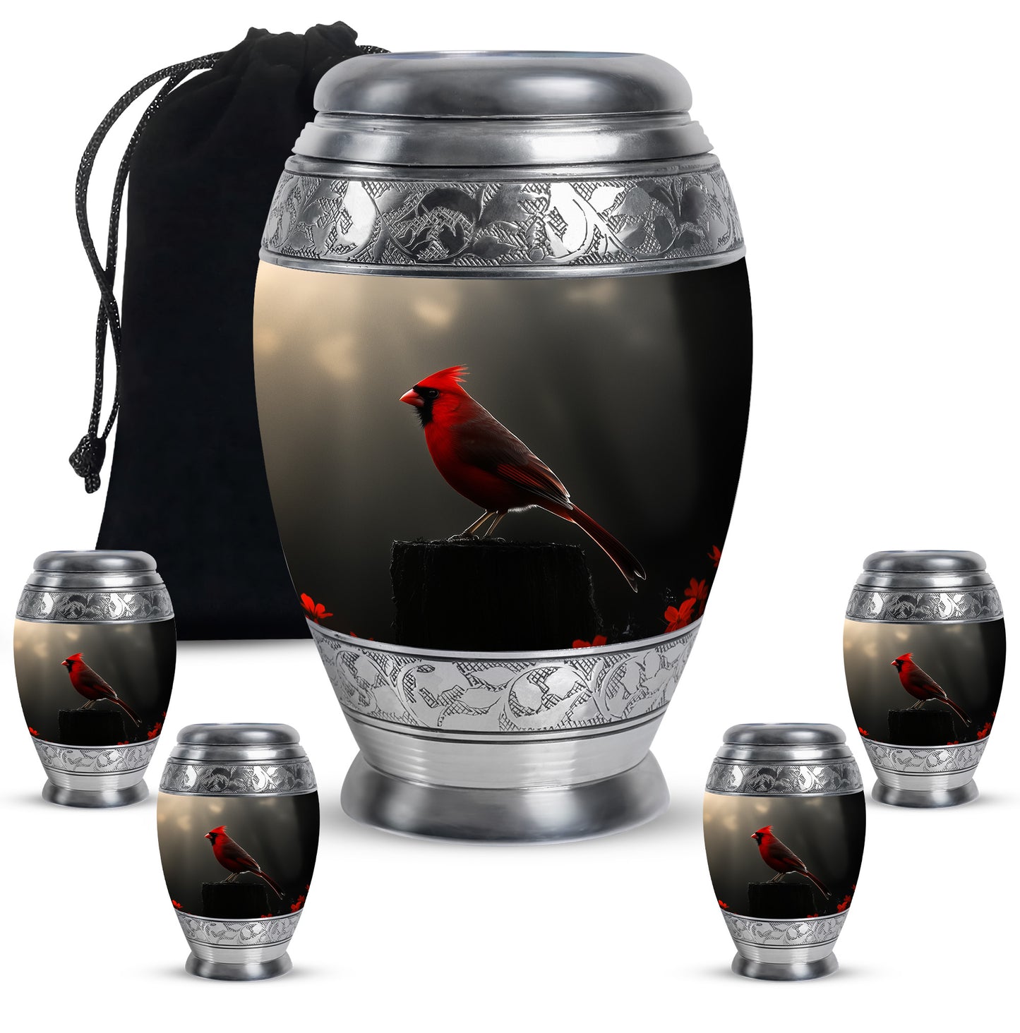 Midnight Black Cardinal Cremation Urn detail view - majestic cardinal pattern with filigree border - memorial set with one large and four small urns