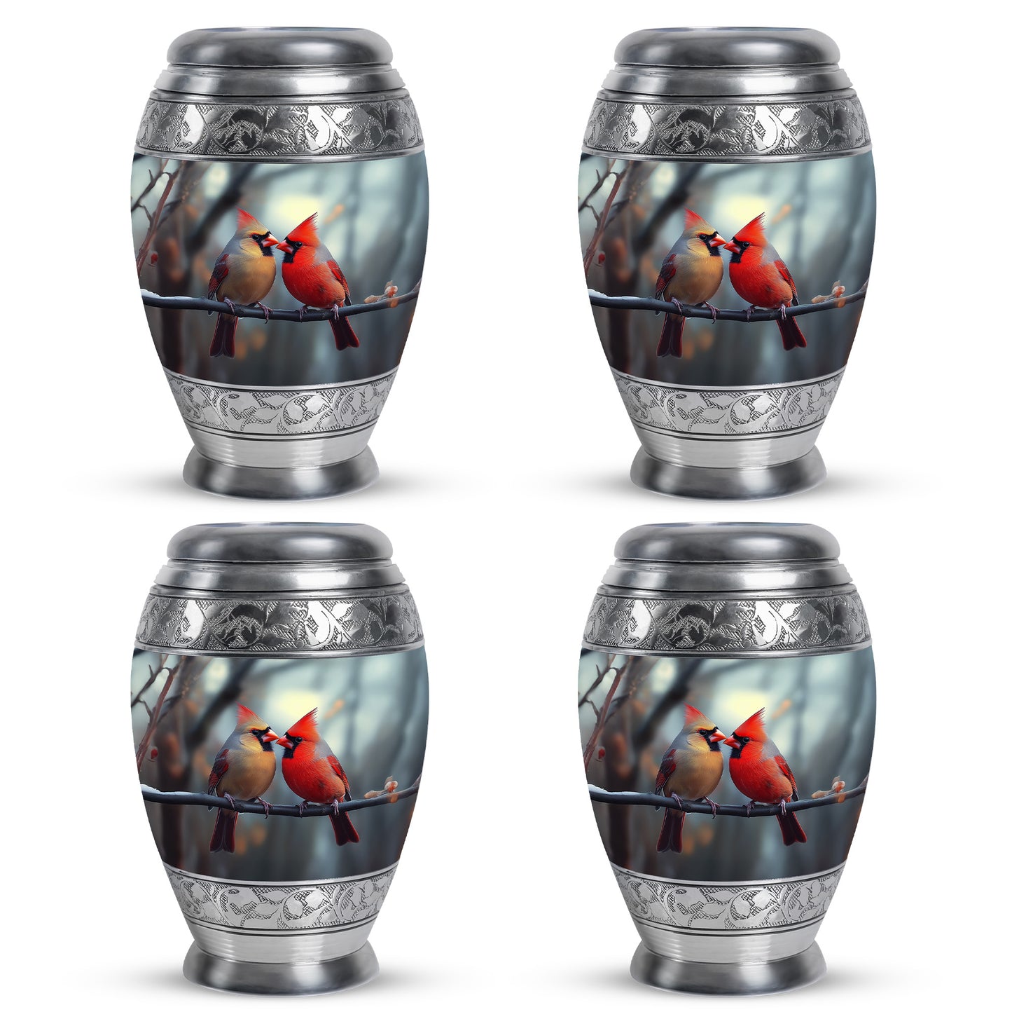Silver Gray Cardinal Cremation Urn urn with complimentary velvet bag - regal cardinal design with crown-inspired accents - 10 inch aluminum urn for cremated remains