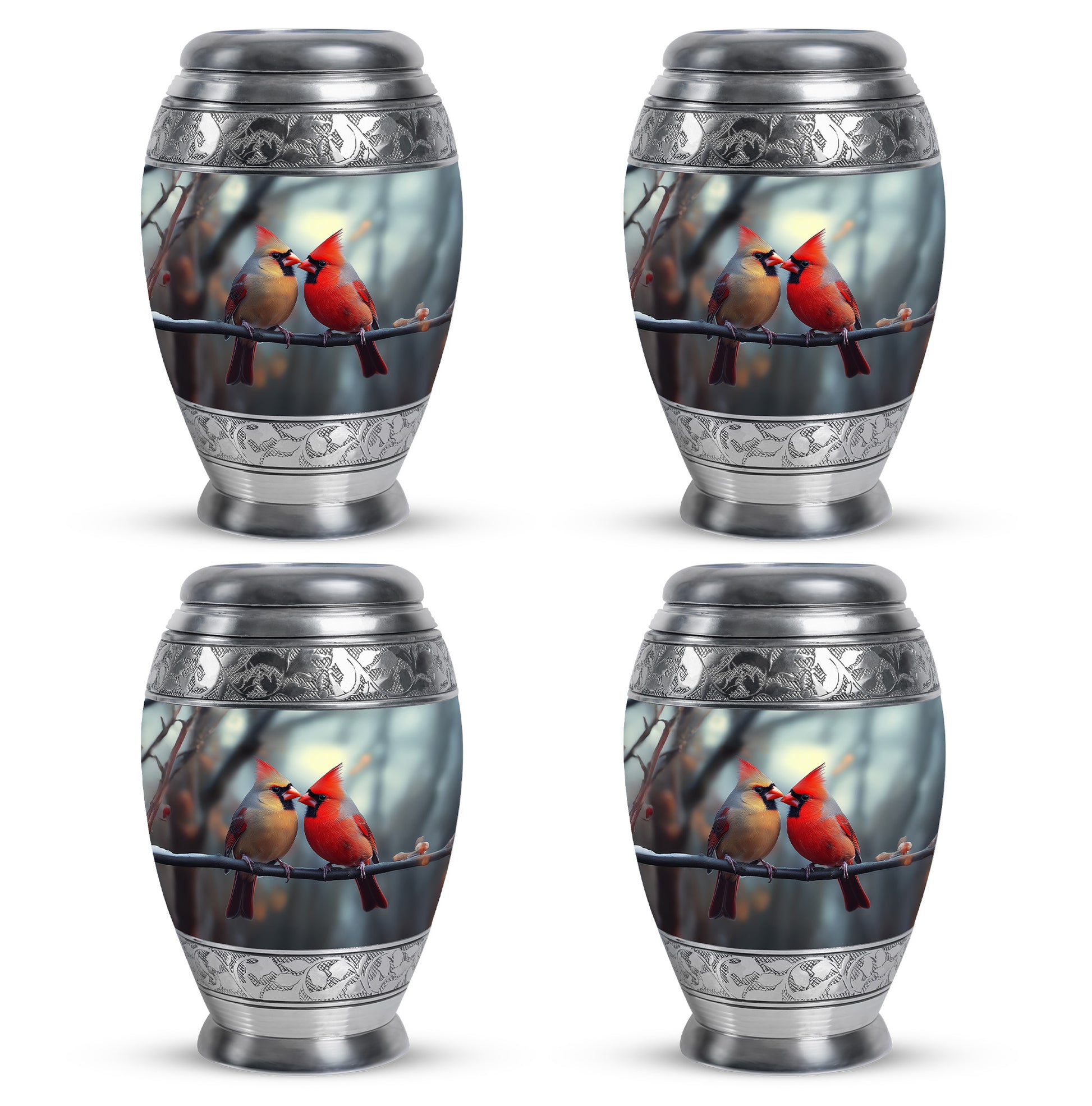Silver Gray Cardinal Cremation Urn urn with complimentary velvet bag - regal cardinal design with crown-inspired accents - 10 inch aluminum urn for cremated remains