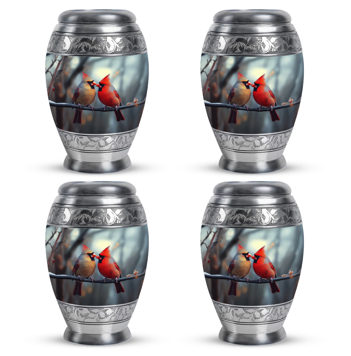 Silver Gray Cardinal Cremation Urn urn with complimentary velvet bag - regal cardinal design with crown-inspired accents - 10 inch aluminum urn for cremated remains