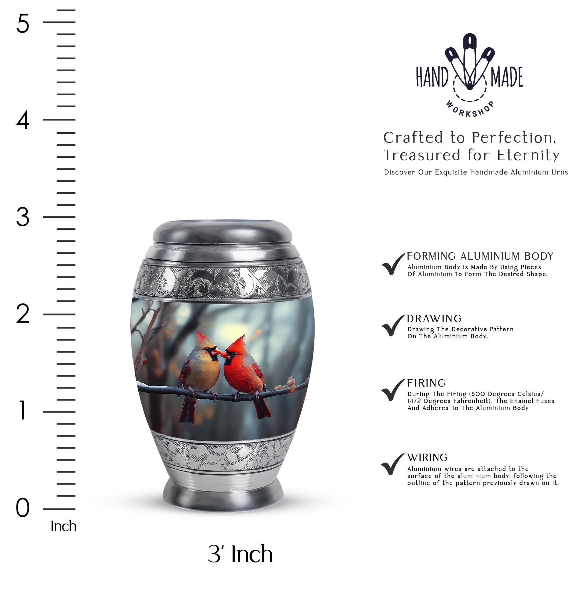 Storm Gray Cardinal Cremation Urn lifestyle display on memorial shelf - majestic cardinal pattern with filigree border - mini keepsake memorial for portion of cremation ashes