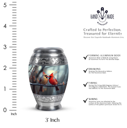 Storm Gray Cardinal Cremation Urn lifestyle display on memorial shelf - majestic cardinal pattern with filigree border - mini keepsake memorial for portion of cremation ashes