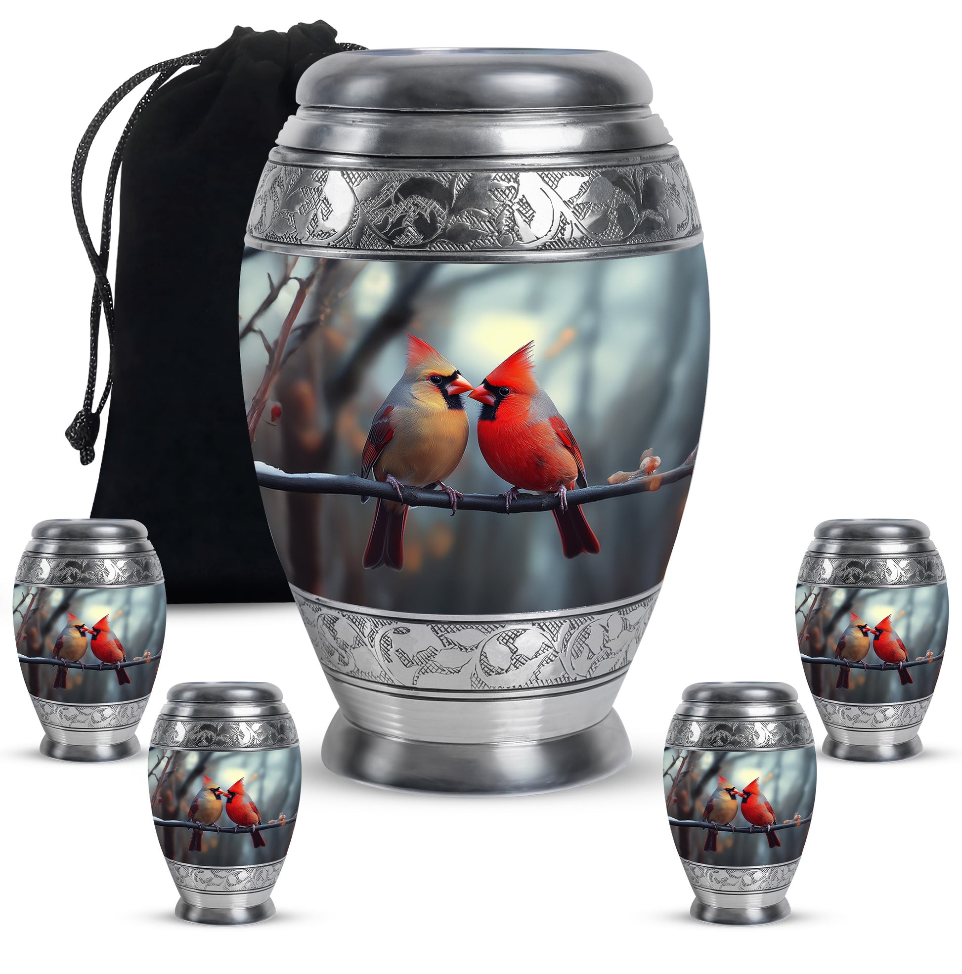 Charcoal Gray Cardinal Cremation Urn detail view - ornate monarch-style cardinal relief on brushed aluminum - memorial set with one large and four small urns