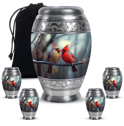 Charcoal Gray Cardinal Cremation Urn detail view - ornate monarch-style cardinal relief on brushed aluminum - memorial set with one large and four small urns