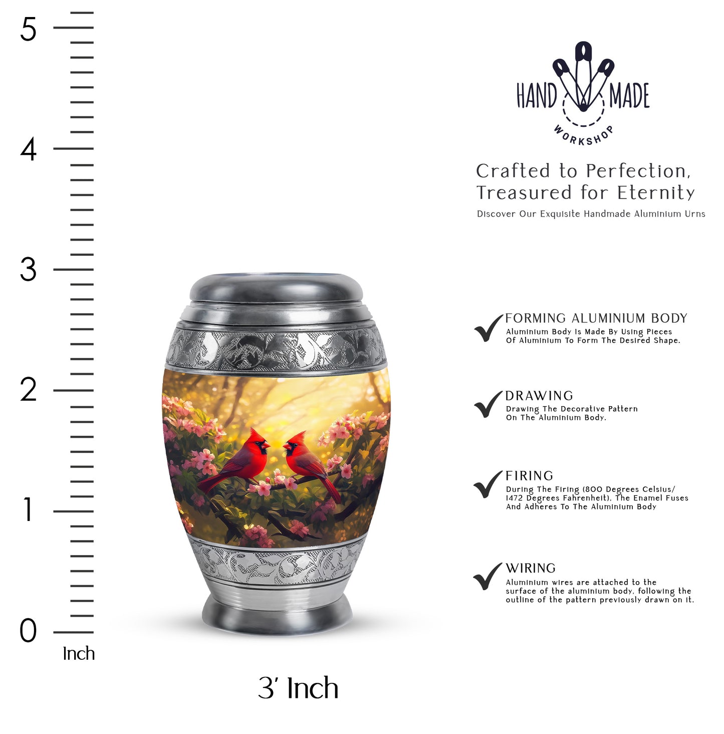 Sunrise Gold Cardinal Cremation Urn lifestyle display on memorial shelf - ornate monarch-style cardinal relief on brushed aluminum - mini keepsake memorial for portion of cremation ashes
