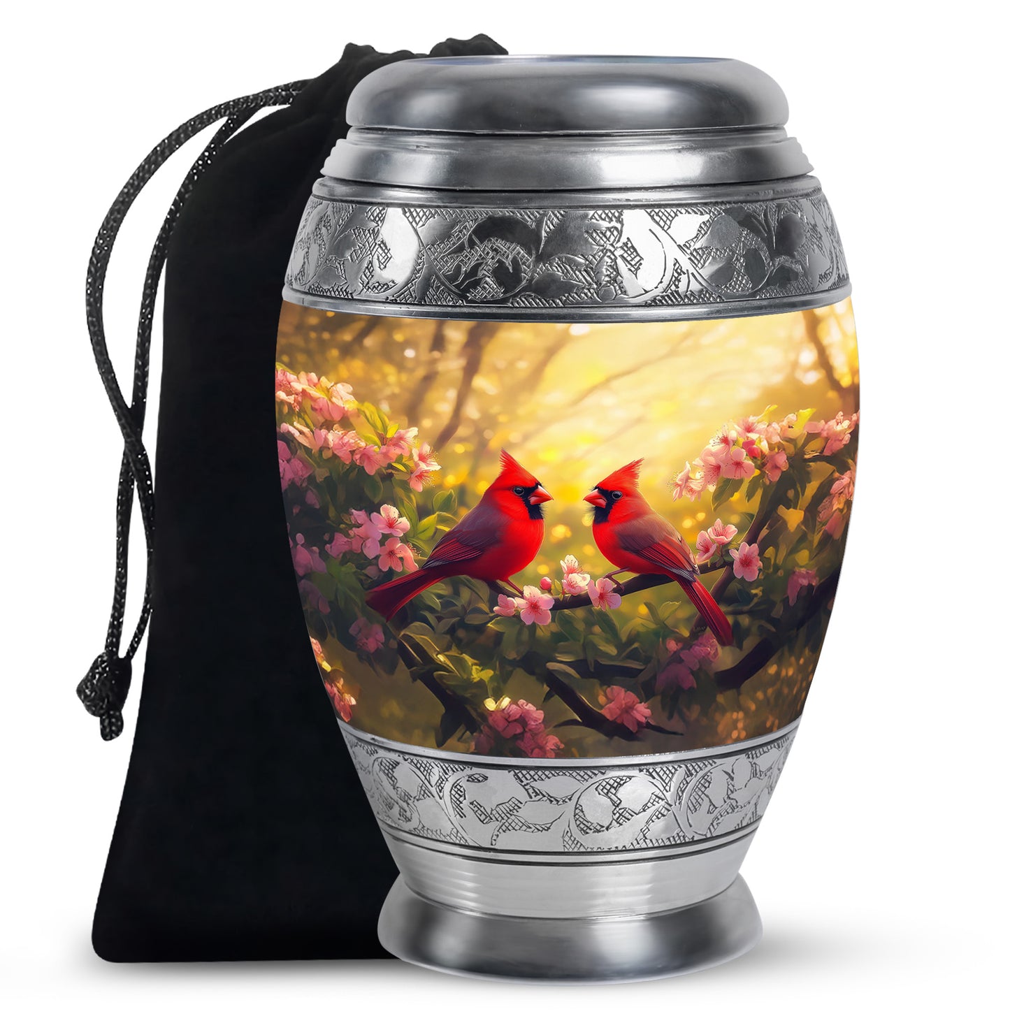 Burnished Gold Cardinal Cremation Urn back view with polished surface - majestic cardinal pattern with filigree border - full-size 10 inch 200 cubic inch adult cremation urn