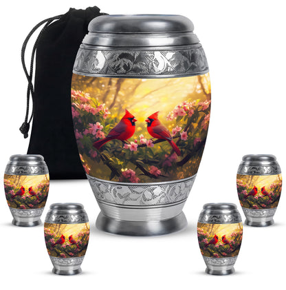 Burnished Gold Cardinal Cremation Urn detail view - royal cardinal engraving with decorative scrollwork - memorial set with one large and four small urns