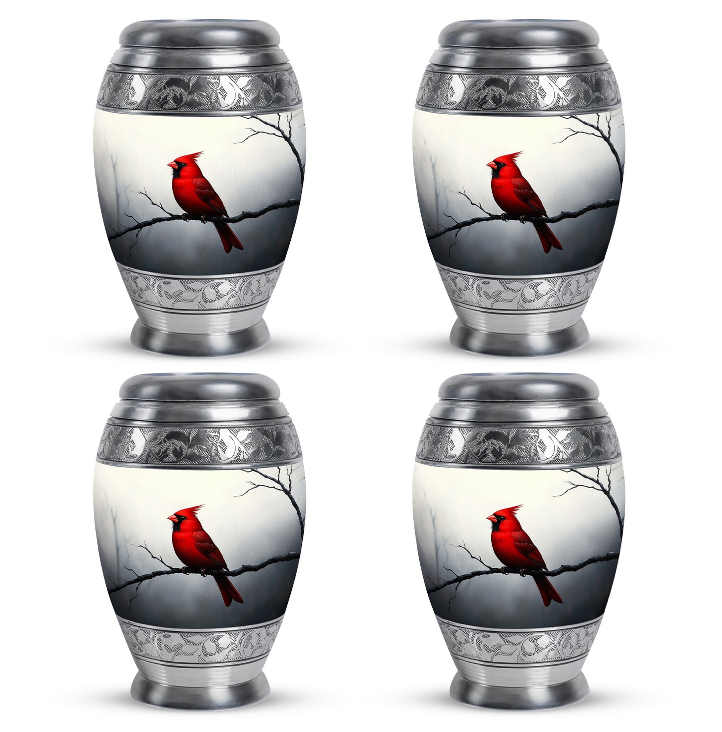 Satin Silver Cardinal Cremation Urn urn with complimentary velvet bag - regal cardinal design with crown-inspired accents - 10 inch aluminum urn for cremated remains