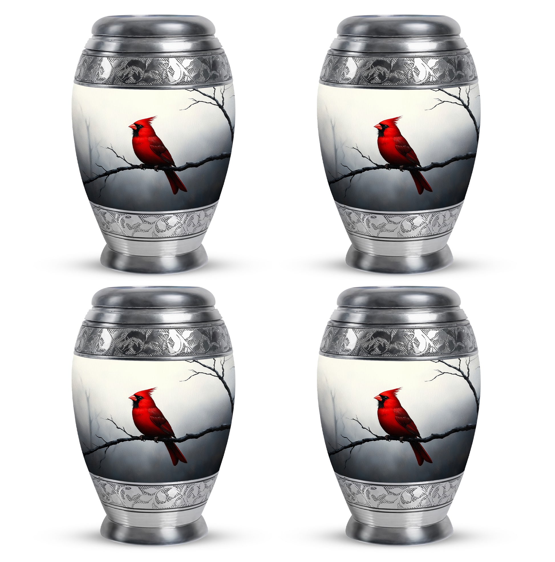Satin Silver Cardinal Cremation Urn urn with complimentary velvet bag - regal cardinal design with crown-inspired accents - 10 inch aluminum urn for cremated remains